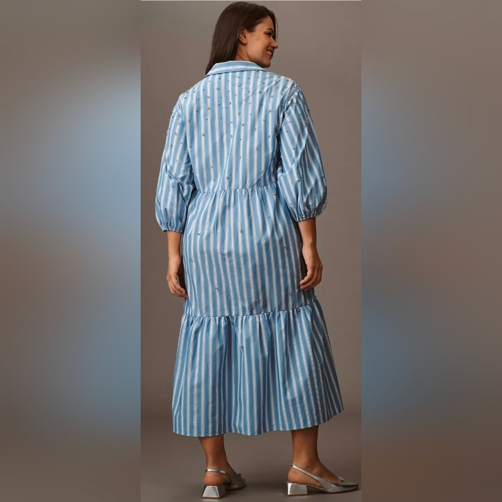 Anthropologie Maeve Bettina Embellished Striped Tiered Shirt Dress - Picture 5 of 7